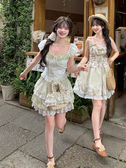 ライトヴィンテージプリントレーストリムティアードスカート グリーン 伸縮性ウエスト