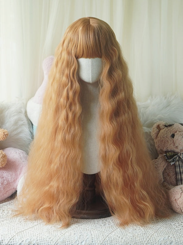 Karamell/Blond/Orange/Hellblond, hüftlange, lockige Perücke mit vollem Pony