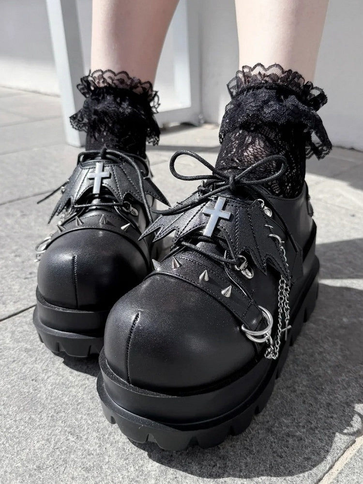 Chain Platforms Black Leather Charm PU Cross with Hybrid Detachable Embellishments Punk Stud in Fastening Matte