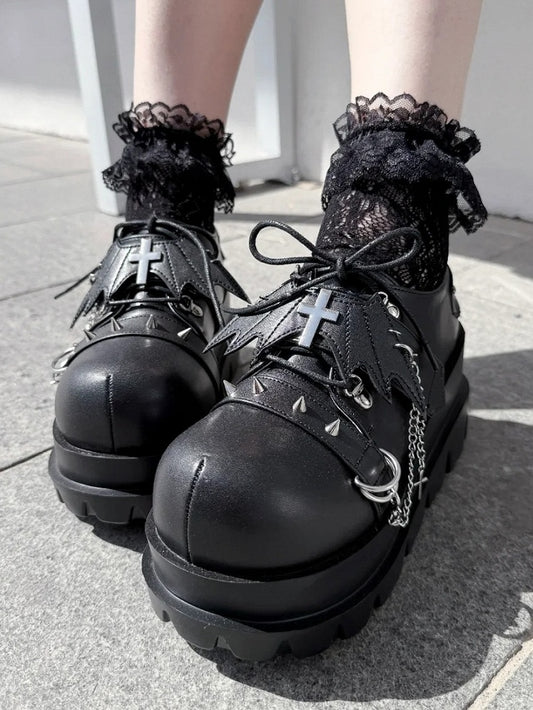 Chain Platforms Black Leather Charm PU Cross with Hybrid Detachable Embellishments Punk Stud in Fastening Matte