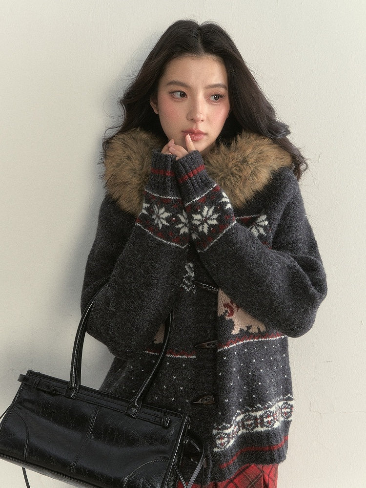 Collar Knit Sweater Button Vintage with Grey Fur Toggle