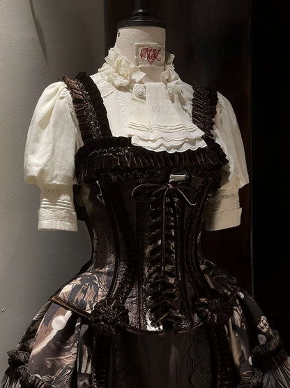 Pearl Boned Brown Gothic Shell Print with Short Ruffles Corset Lolita Dress and