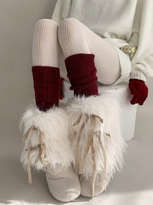 Warmers Ribbon-Tie Leg (White) Fur Faux