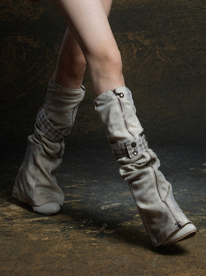 Plaid with Warmers Punk Leg Vertical Gray Strap Light Button Zipper