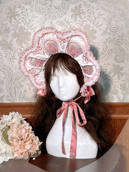 Gold Blue Floral Pink Black Bonnet / Embroidery