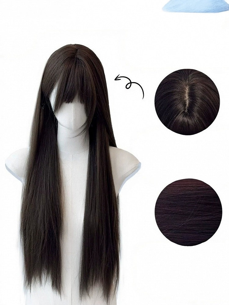 Black Tea 75cm Straight Wig Full Bangs