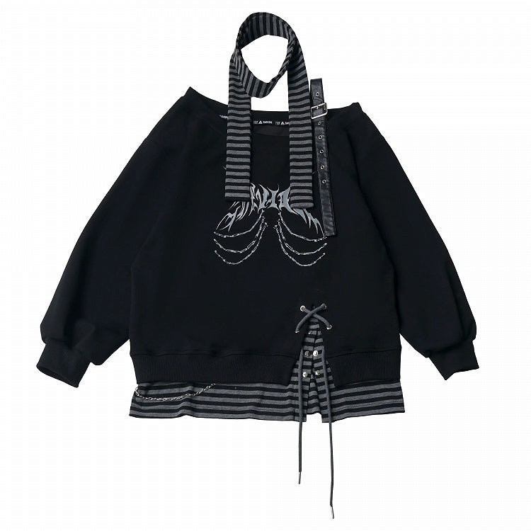 Dark Theme Print Black & Gray Faux Two-Piece Asymmetric Shoulder Sweatshirt with Striped Scarf - PINK SAVIOR