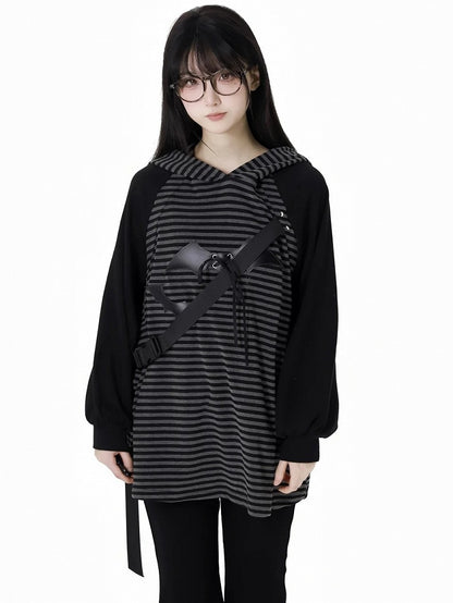 Black and Grey PU Bat Buckle Strap Bear Ears Striped Hoodie