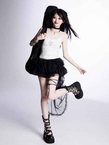 Lace with Tiered Mesh Skirt Train Trim Black Mini