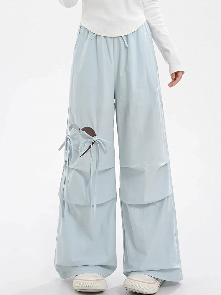 Blue/Pink Heart-shaped Cutout Wide-leg Pants Drawstring Waist