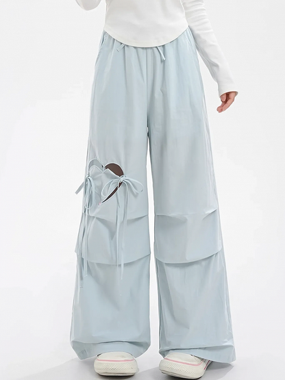 Blue/Pink Heart-shaped Cutout Wide-leg Pants Drawstring Waist
