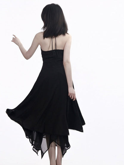 Long Black Halter Dress with Asymmetrical Hem - PINK SAVIOR