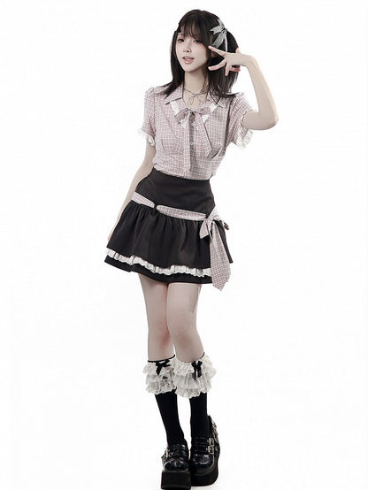 Dark Gray Double Layer Skirt with Lace Trim & Plaid Belt - PINK SAVIOR