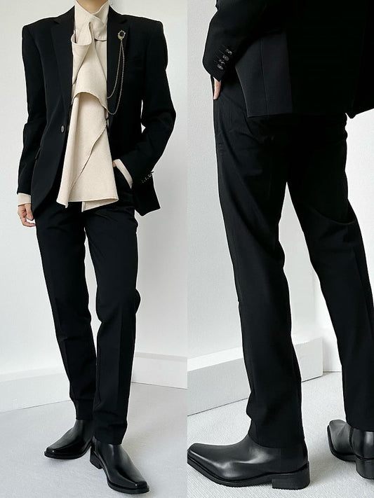 Tailored Black Pants Slant Lolita Pockets with Ouji Belt Straight-Leg Loops