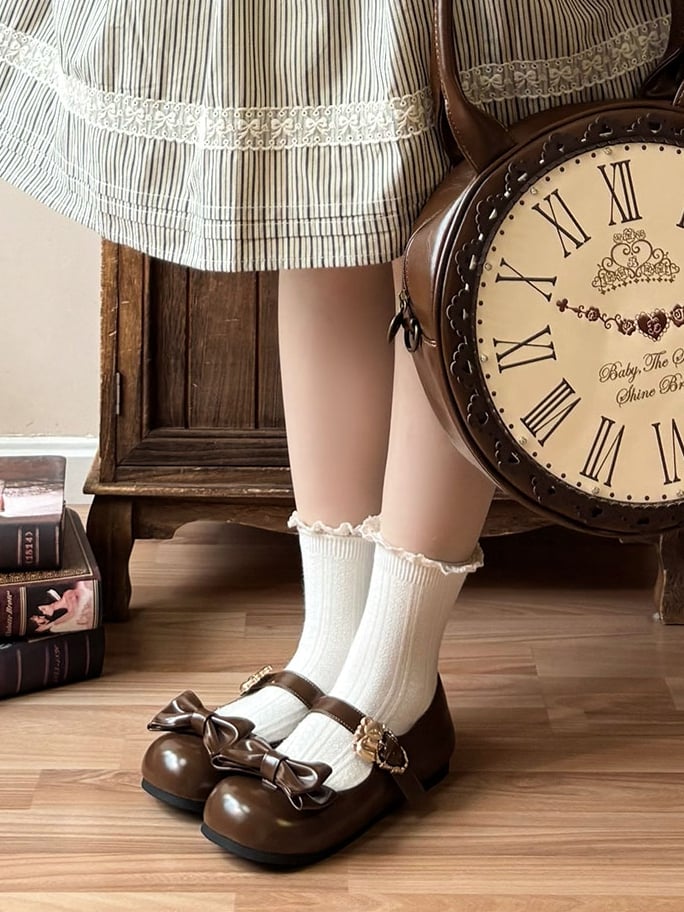 Bow Buckles Brown Hugging Top Heart Lolita Flats Sweet with Bear at