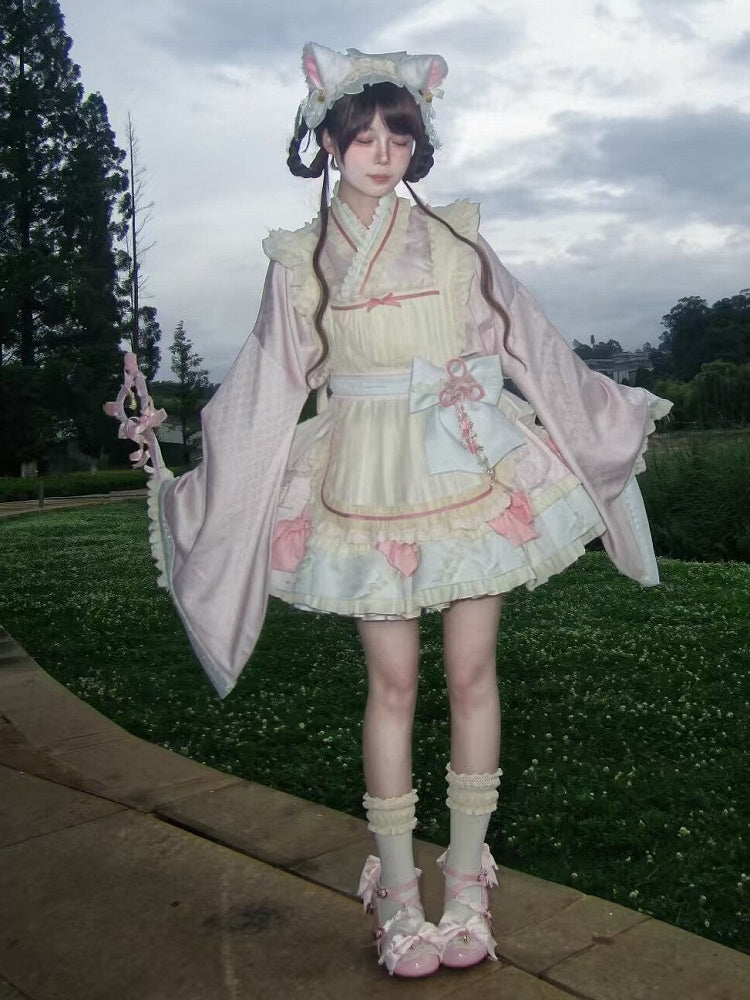 Hanfu-Inspired Lolita Top, Ruffle Mini Skirt & Apron Set in Pink Blue - Berry Story Lolita