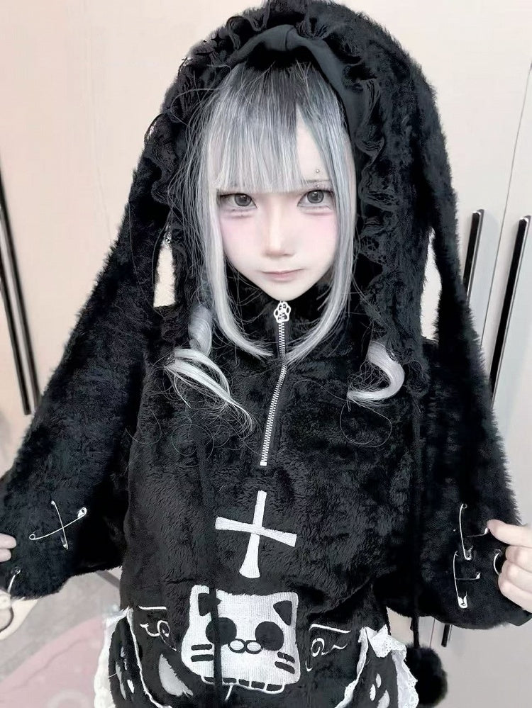 Black Bunny Ears Plush Hat with Self-tie Pompon Straps and Pin Details