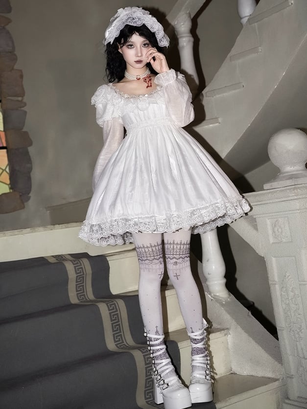 Short Version Gothic Print Lolita Trim Dress Cross Lace Neckline Goth Castle White Square