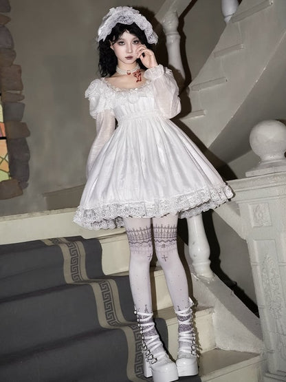Short Version Gothic Print Lolita Trim Dress Cross Lace Neckline Goth Castle White Square