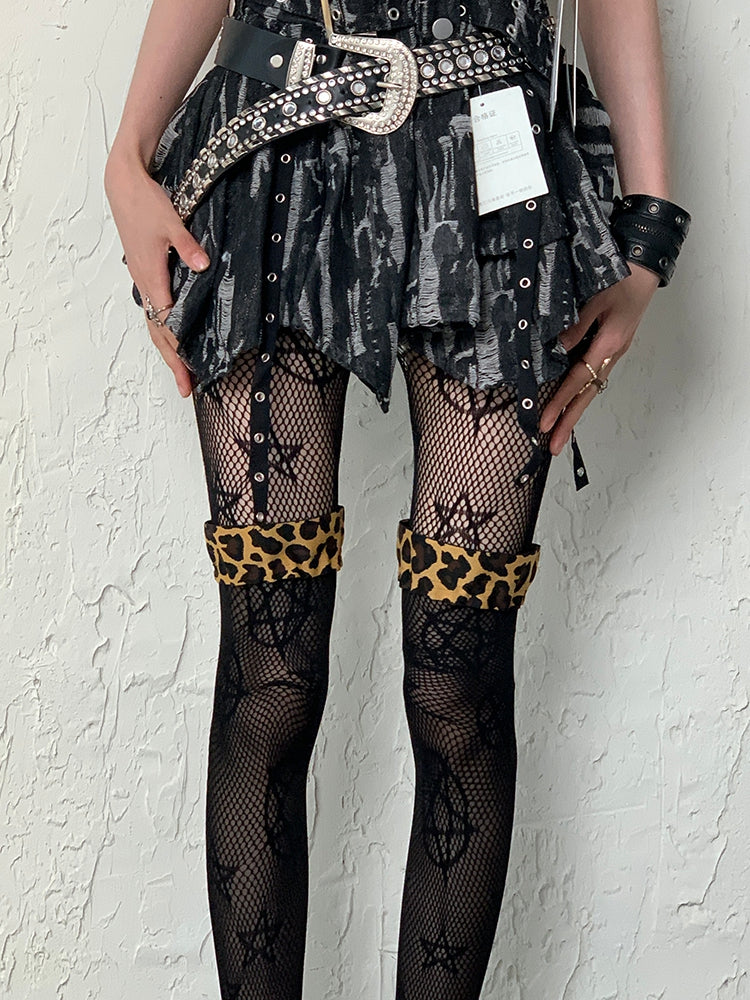 Schwarze Stulpen Overknee-Muster Y2K Strümpfe Halbtransparent Leopard