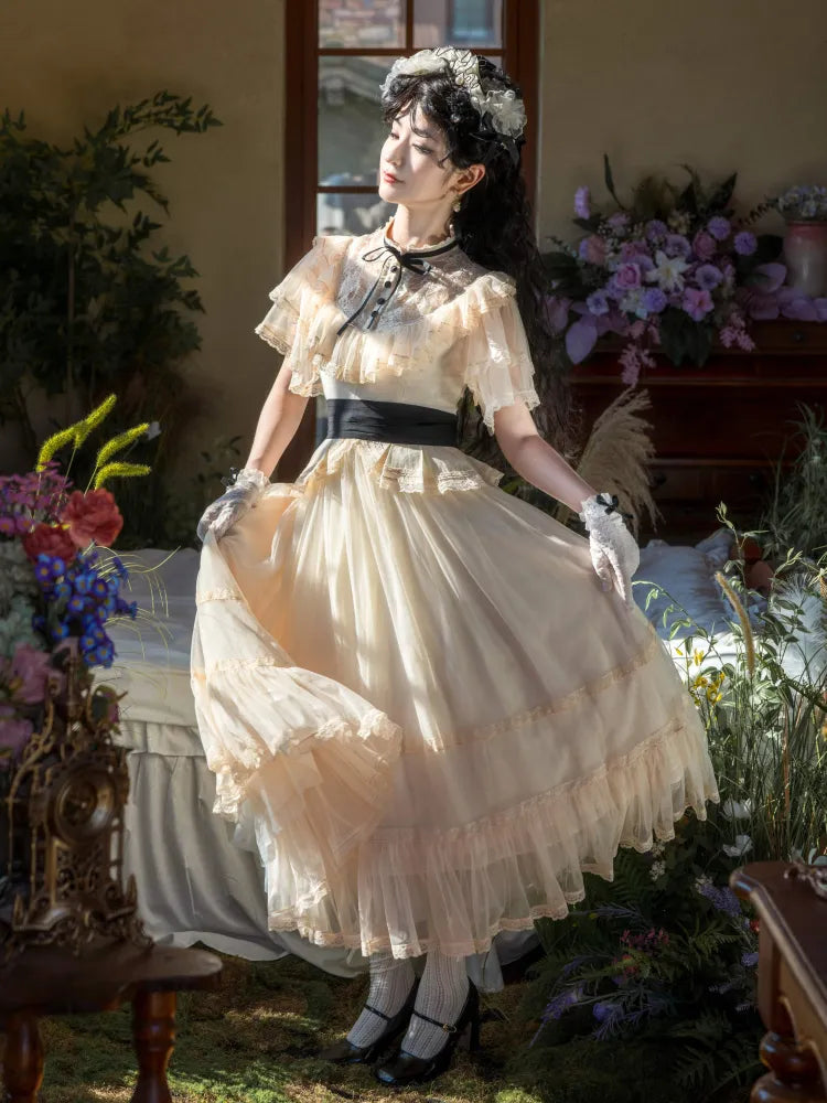 Beige Klassische Taille Schwarz Elegante Kleid Ausschnitt Lolita Illusion Edward Gürtel mit
