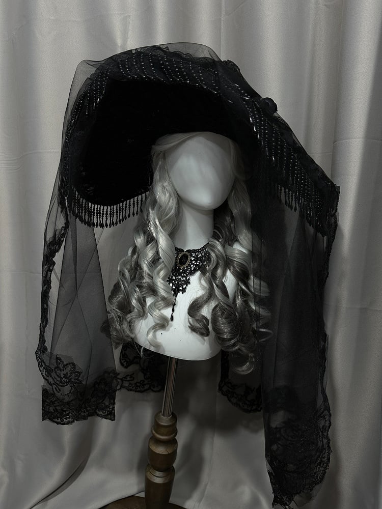 Black Gothic Lace Hat with Floral Tassel - Custom Made Earrings