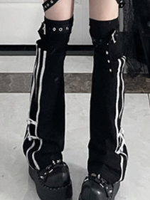 Black StrapsSide Buckle Style Stripes+Knot Cheongsam Leg Warmerswith Gothic Details White