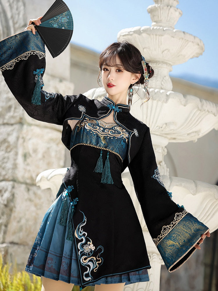 Black Cyan Mandarin Collar Embroidered Han Bolero with Tassels - Unknown Star