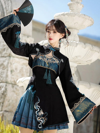 Black Cyan Mandarin Collar Embroidered Han Bolero with Tassels - Unknown Star