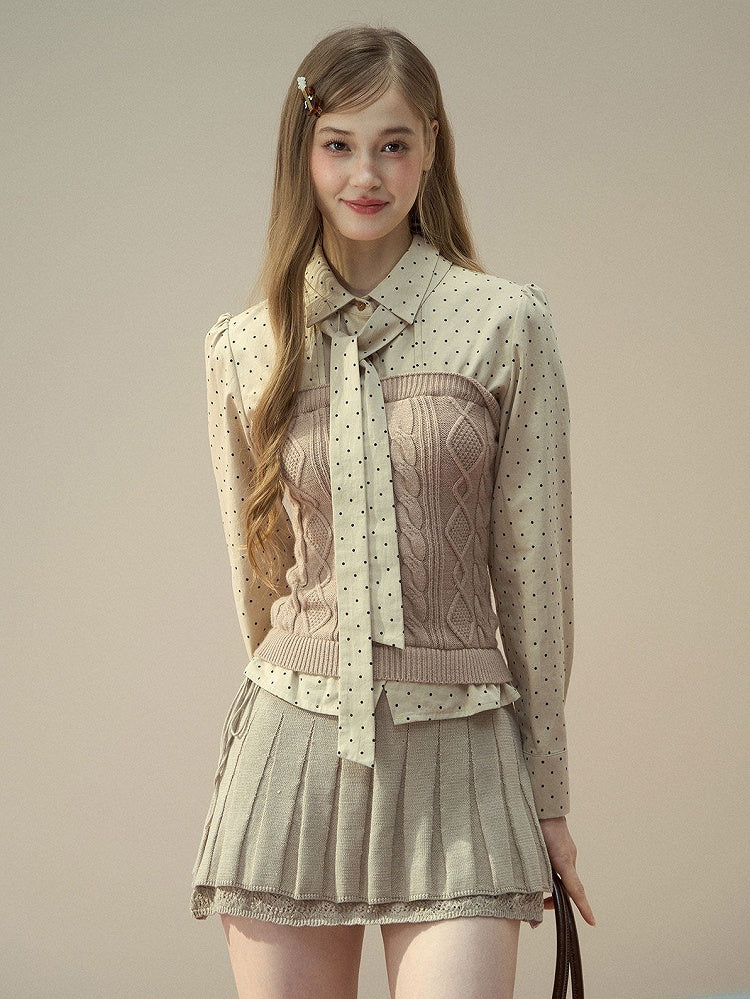 Dot Kint Polka Blouse Patchwork with Bow Tie Cable Khaki