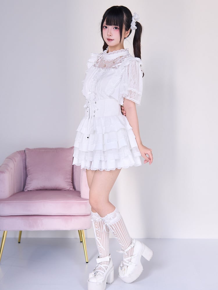 Sleeves Jirai Kei White Short Blouse with Criss-cross Illusion Neckline and Beaded Chains
