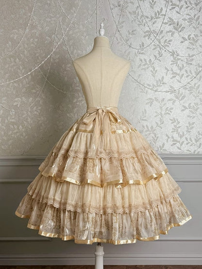 Ruffle Skirt Champagne Print and Kitty Bunny Lolita Tiered