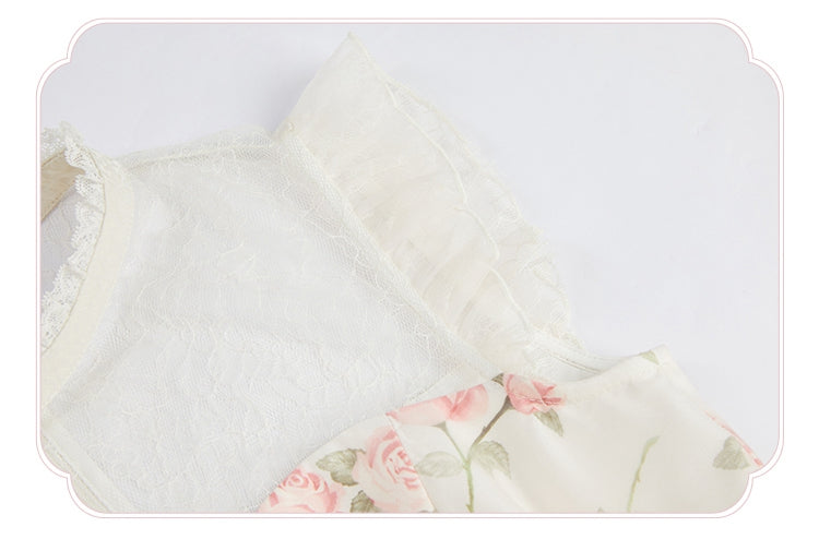 Kleid Rosa Print Rosette Weiß Illusion Lolita Sommer Ausschnitt