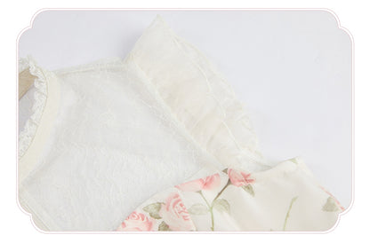 Kleid Rosa Print Rosette Weiß Illusion Lolita Sommer Ausschnitt