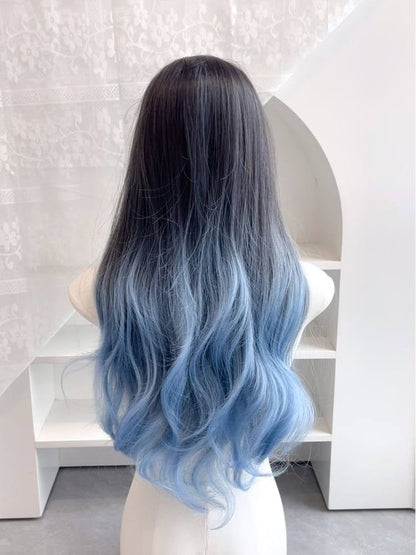 Full Wig Wavy Blue 65CM Highlight with Bangs