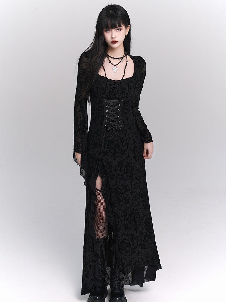 Gothic Black Bell Sleeves Side Slit Rosette Lace Dress with Lace-up Detail