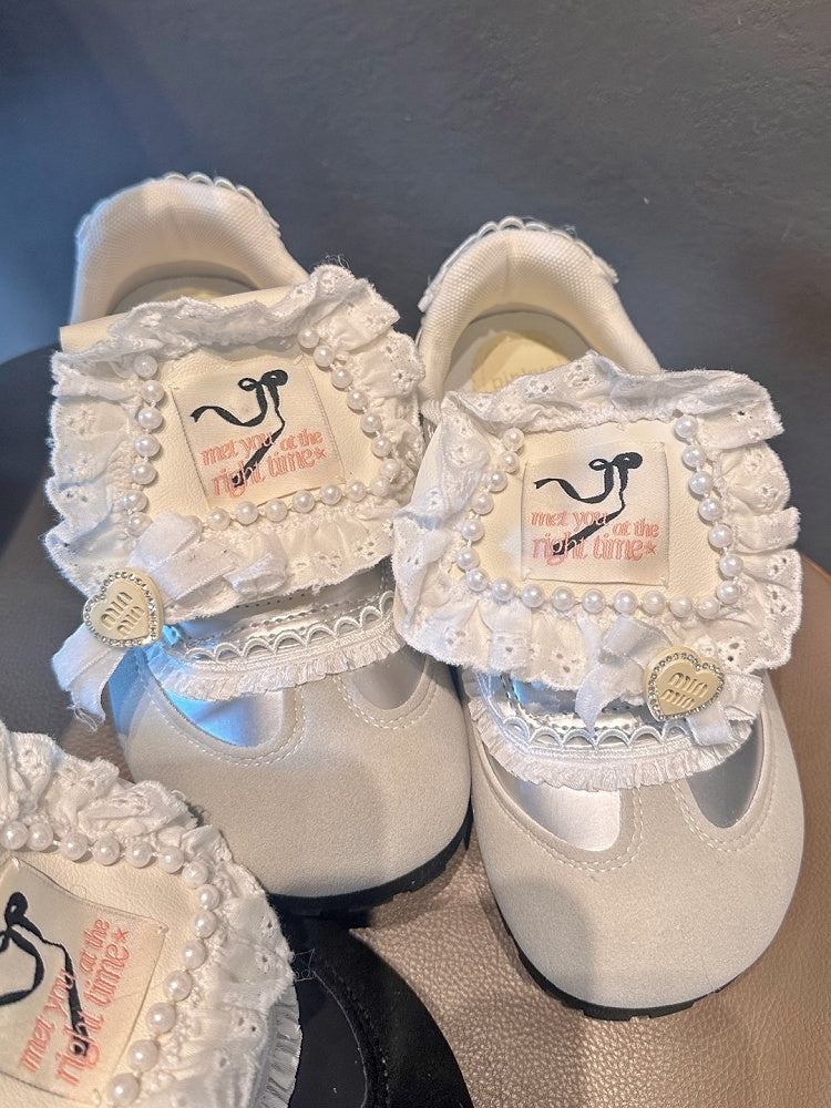Style with Kawaii Flat Silver Trim Lace White Sneakers