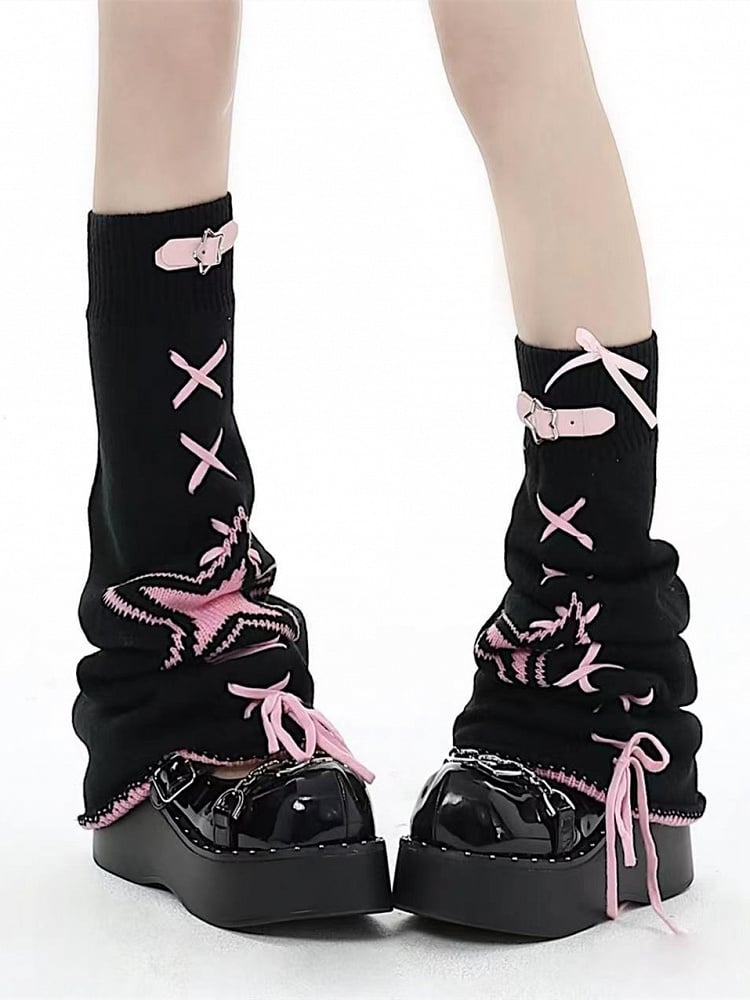 Star Leg White/Black/Pink Buckles Lace-up Warmers Knitted