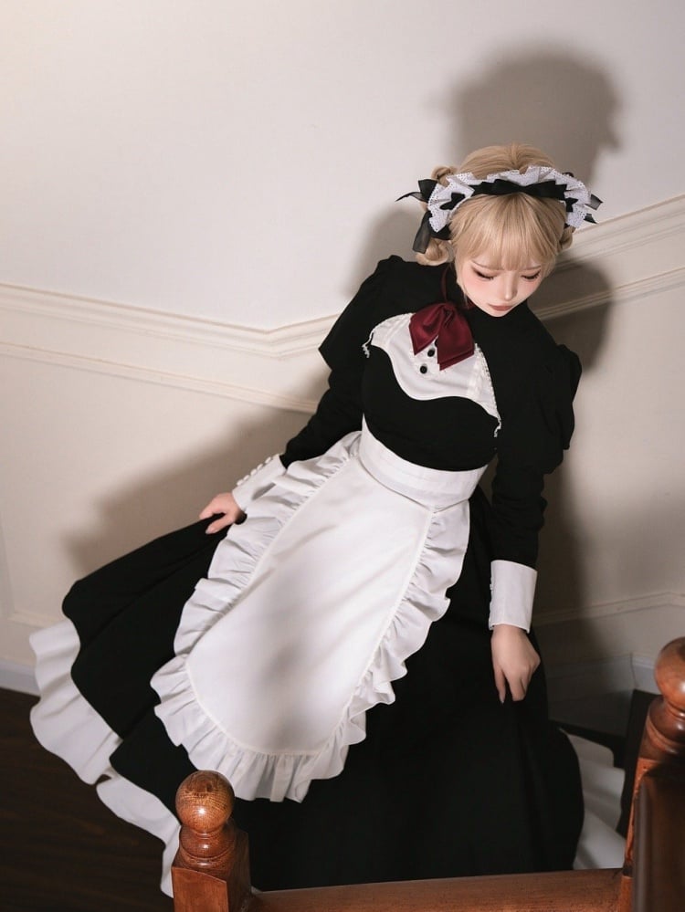 Maid Lolita Dress with Juliet Sleeves and Apron Waist in Black and White