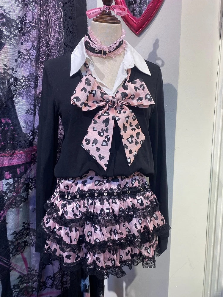 ギャルボウフリー Y2K ティアードスカートタイ、おしゃれなピンクヒョウ柄レーストリム