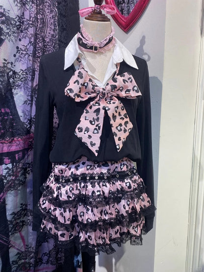 ギャルボウフリー Y2K ティアードスカートタイ、おしゃれなピンクヒョウ柄レーストリム