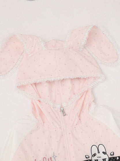 Cute Pink Bunny-Ear Hooded Sun Coat with Polka Dots