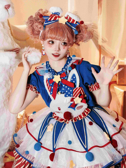 Kragen und Ärmel Süße Bluse Puff Blau Pompons Dunkelrot