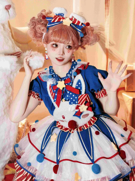 Süße Bluse mit Pompoms-Kragen und Puffärmeln in Dunkelblau und Rot