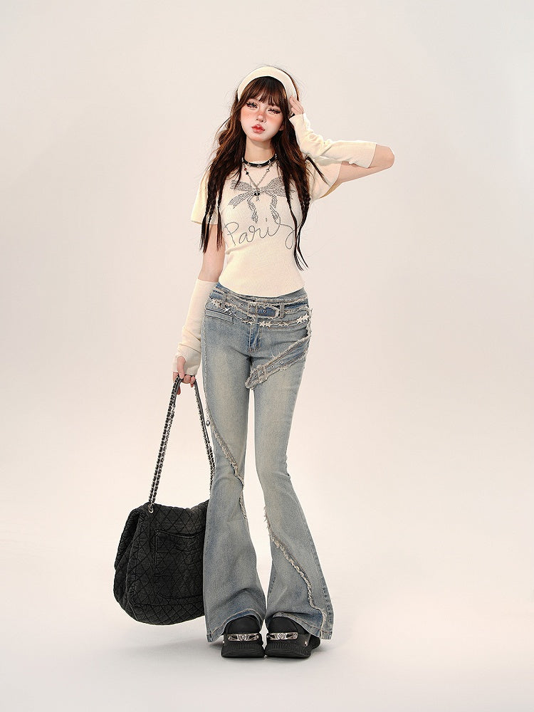 Blue Flare Jeans with Frayed Hem and Built-in Belt