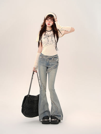 Blue Flare Jeans with Frayed Hem and Built-in Belt