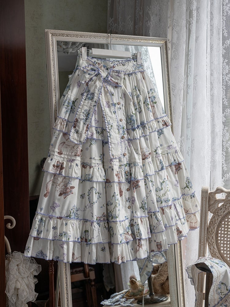 Kitty and Floral Print Front Button Placket Pink House Style Lolita Skirt