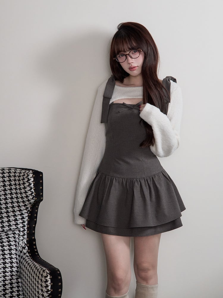 Striped + - Kei Shrug Dress Set Cropped Gray Two-Piece White Light Jirai Bow