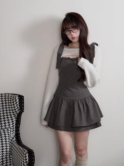 Striped + - Kei Shrug Dress Set Cropped Gray Two-Piece White Light Jirai Bow