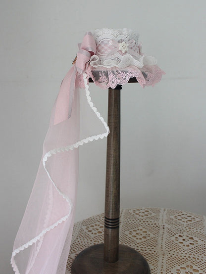 Pink Christmas Beaded Snow Bowknot Details Lace Trim Top Hat With Veil